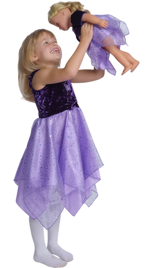 girls wearing purple fairy dress holding doll in matching dress
