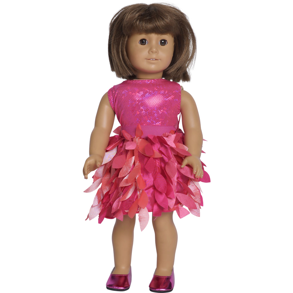 doll fuchsia petal party skirt set with leotard, skirt and matching doll shoes