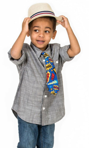 Boy wearing Fly Guy necktie in Pow Wham Bam print