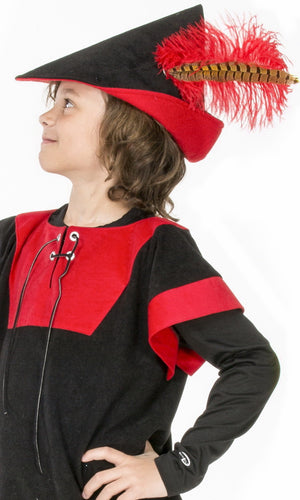 Child's woodsman hat in black and red with red feather